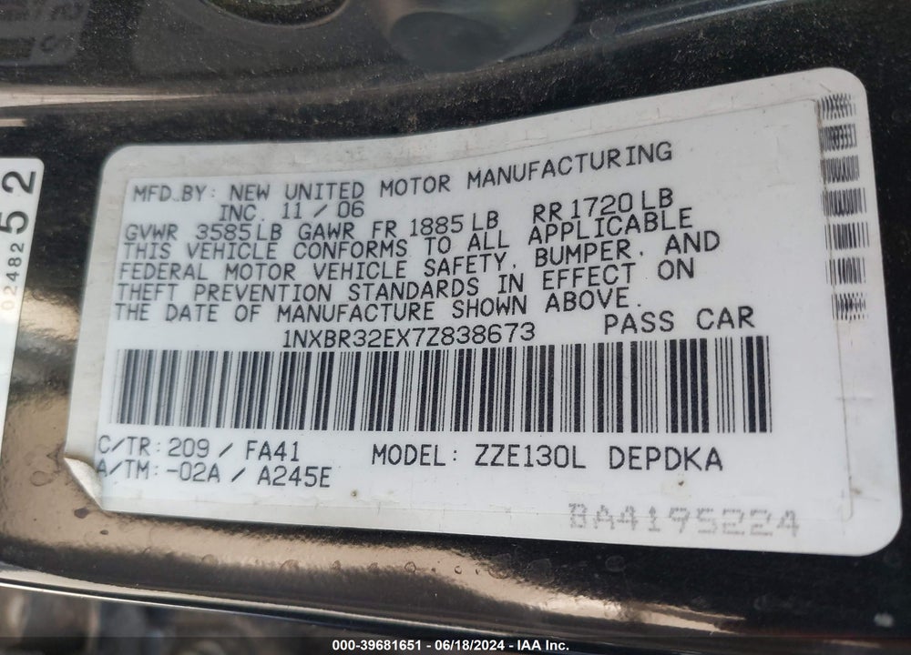 2007 TOYOTA COROLLA CE VIN: 1NXBR32EX7Z838673