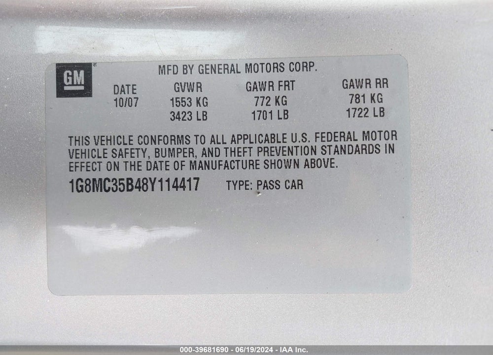 2008 SATURN SKY VIN: 1G8MC35B48Y114417