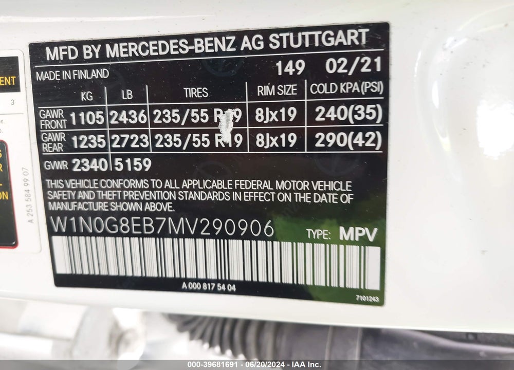 2021 MERCEDES-BENZ GLC 300 4MATIC SUV VIN: W1N0G8EB7MV290906