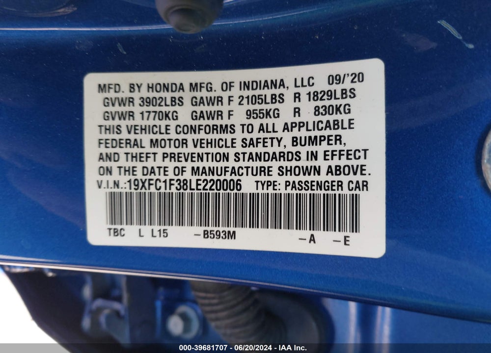 2020 HONDA CIVIC EX VIN: 19XFC1F38LE220006