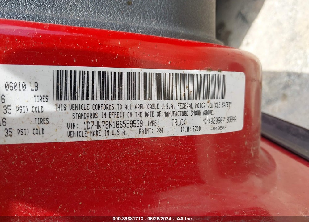 2008 DODGE DAKOTA VIN: 1D7HW78N18S559539