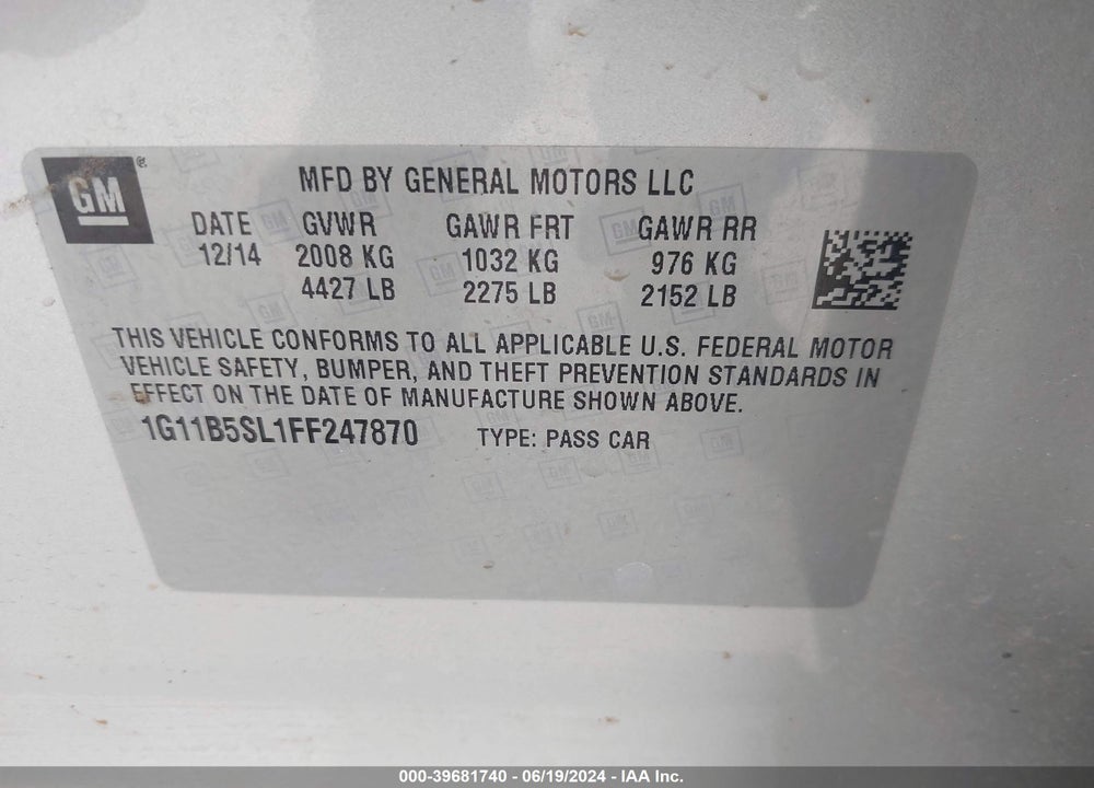 2015 CHEVROLET MALIBU LS VIN: 1G11B5SL1FF247870