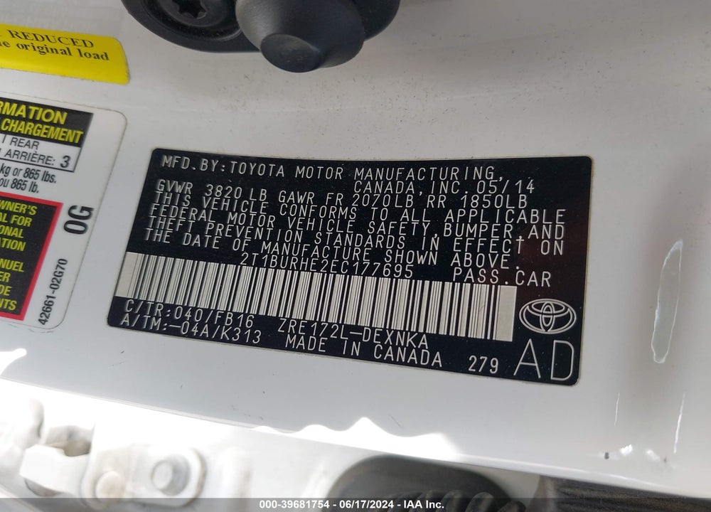 2014 TOYOTA COROLLA LE VIN: 2T1BURHE2EC177695