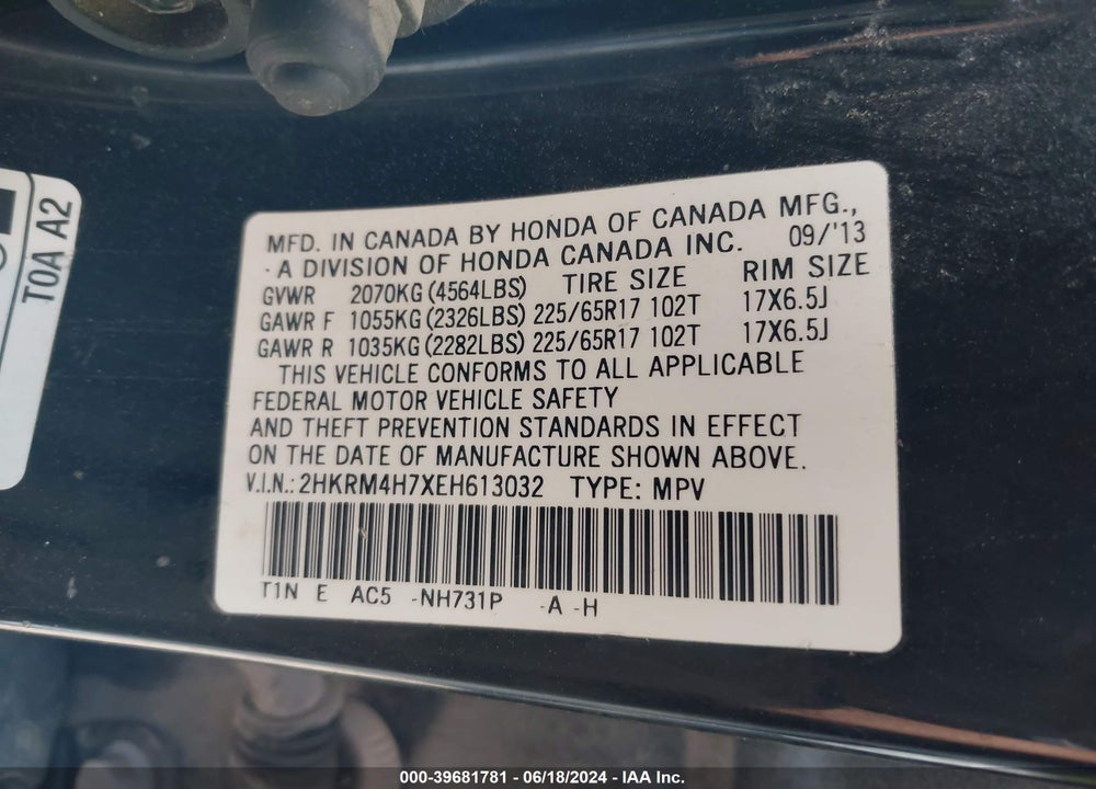2014 HONDA CR-V EX-L VIN: 2HKRM4H7XEH613032