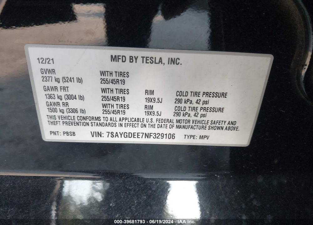 2022 TESLA MODEL Y LONG RANGE DUAL MOTOR ALL-WHEEL DRIVE VIN: 7SAYGDEE7NF329106