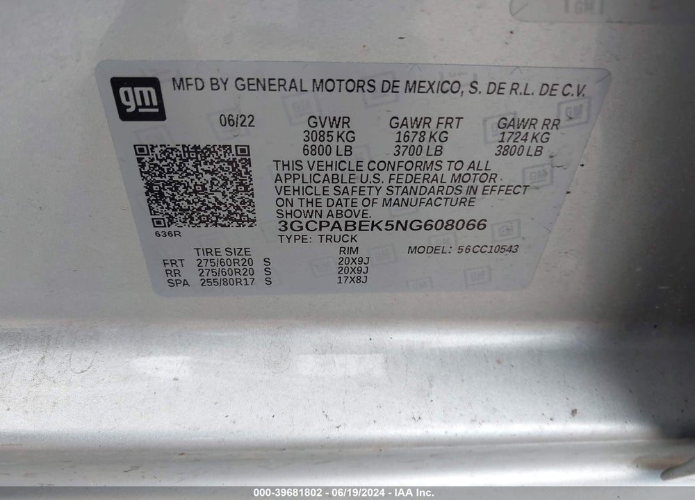 2022 CHEVROLET SILVERADO 1500 2WD SHORT BED CUSTOM VIN: 3GCPABEK5NG608066