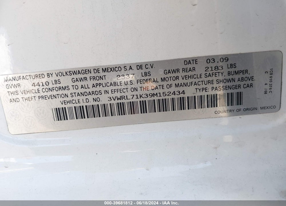 2009 VOLKSWAGEN JETTA TDI VIN: 3VWRL71K39M152434