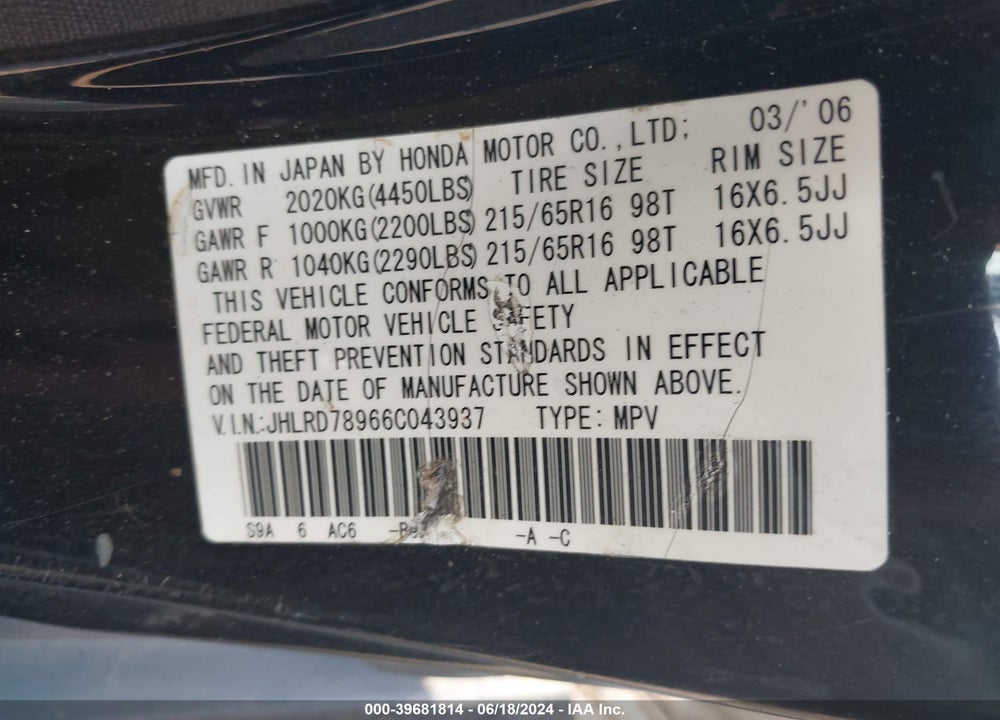 2006 HONDA CR-V SE VIN: JHLRD78966C043937