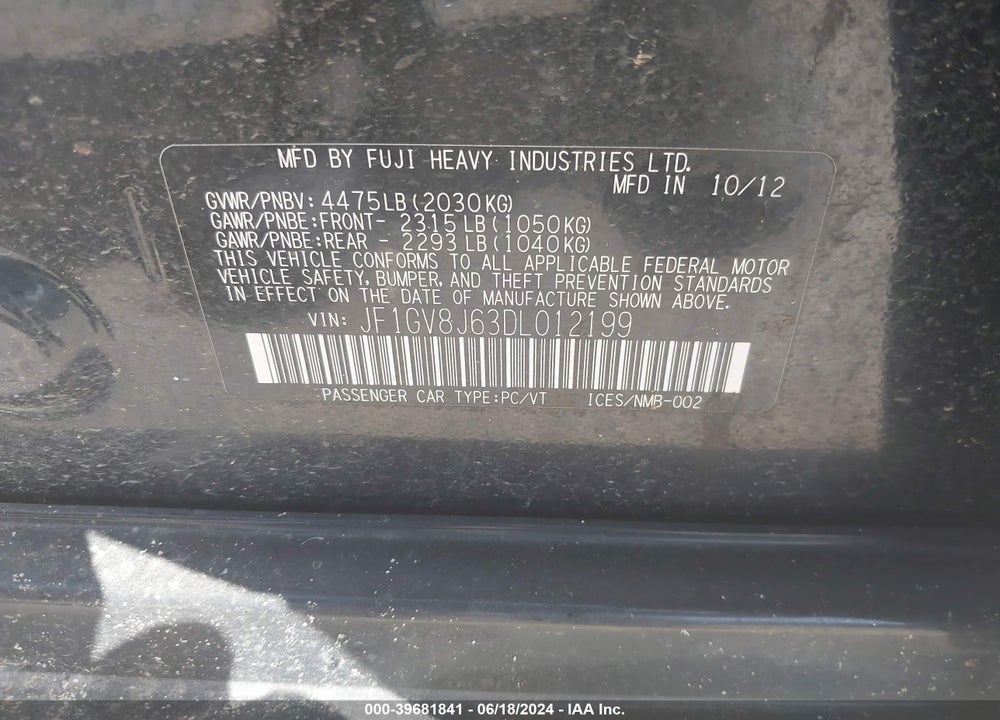 2013 SUBARU IMPREZA WRX STI VIN: JF1GV8J63DL012199