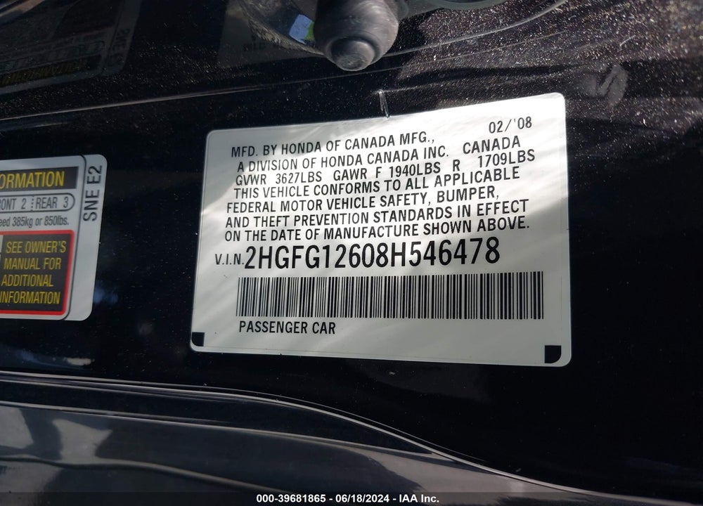 2008 HONDA CIVIC LX VIN: 2HGFG12608H546478
