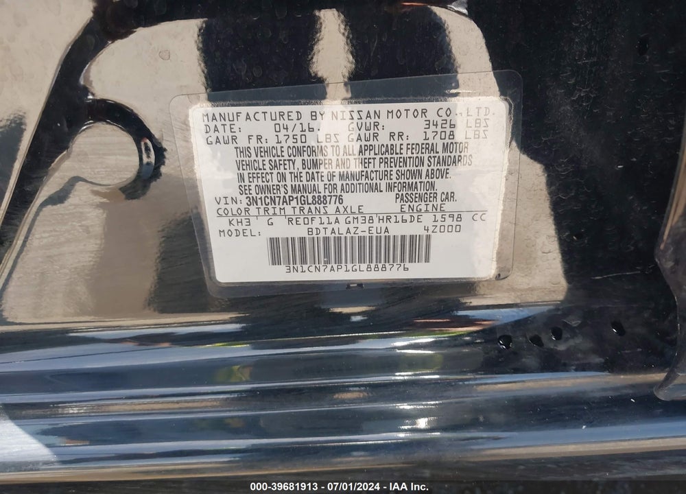 2016 NISSAN VERSA 1.6 S+ VIN: 3N1CN7AP1GL888776