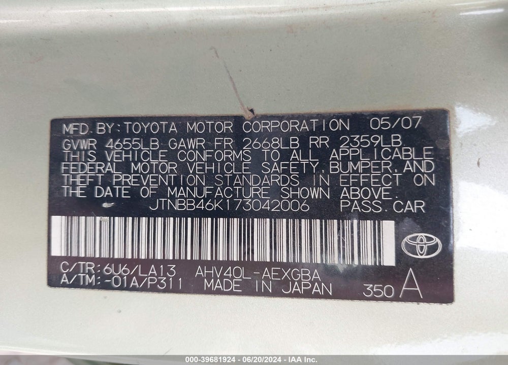 2007 TOYOTA CAMRY HYBRID VIN: JTNBB46K173042006
