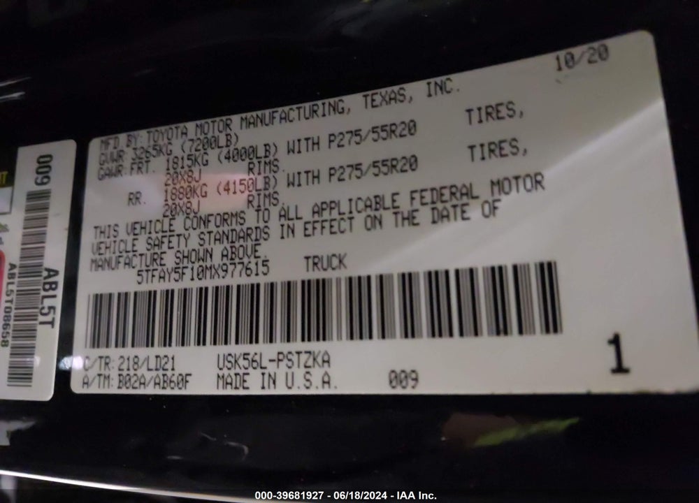 2021 TOYOTA TUNDRA 1794 EDITION VIN: 5TFAY5F10MX977615