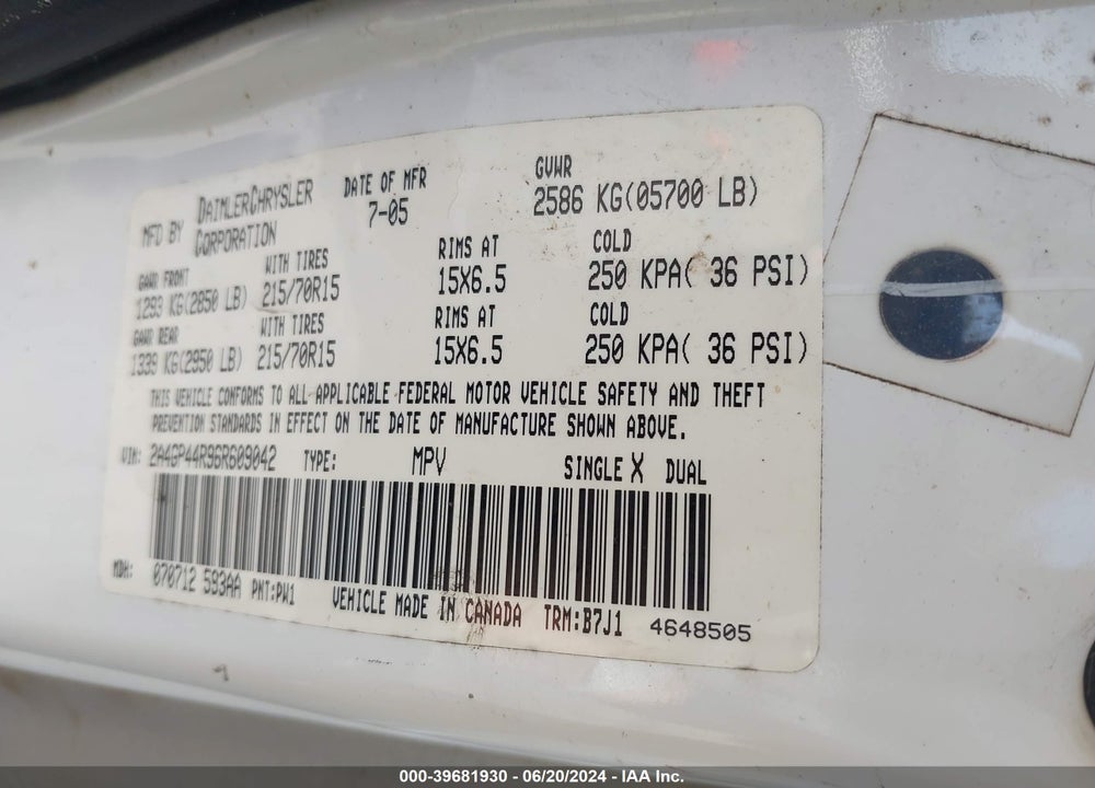 2006 CHRYSLER TOWN & COUNTRY LX VIN: 2A4GP44R96R609042