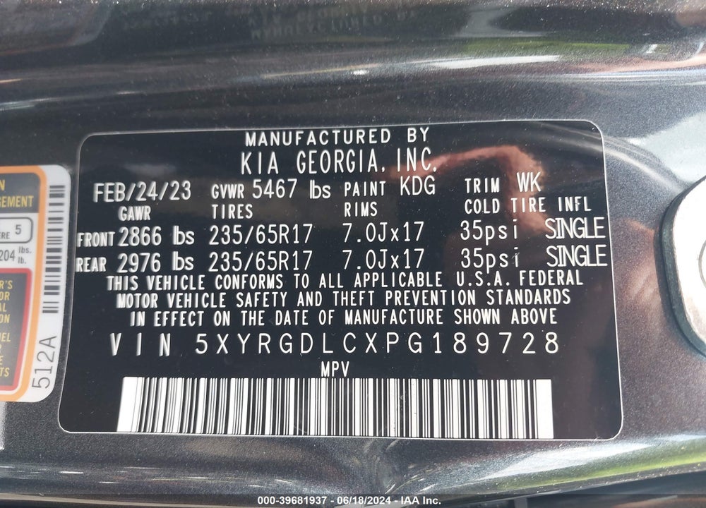 2023 KIA SORENTO LX VIN: 5XYRGDLCXPG189728