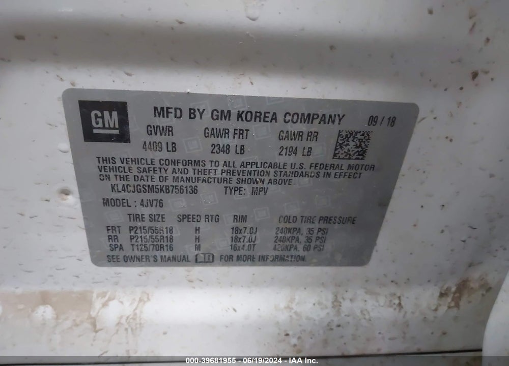 2019 BUICK ENCORE AWD ESSENCE VIN: KL4CJGSM5KB756136