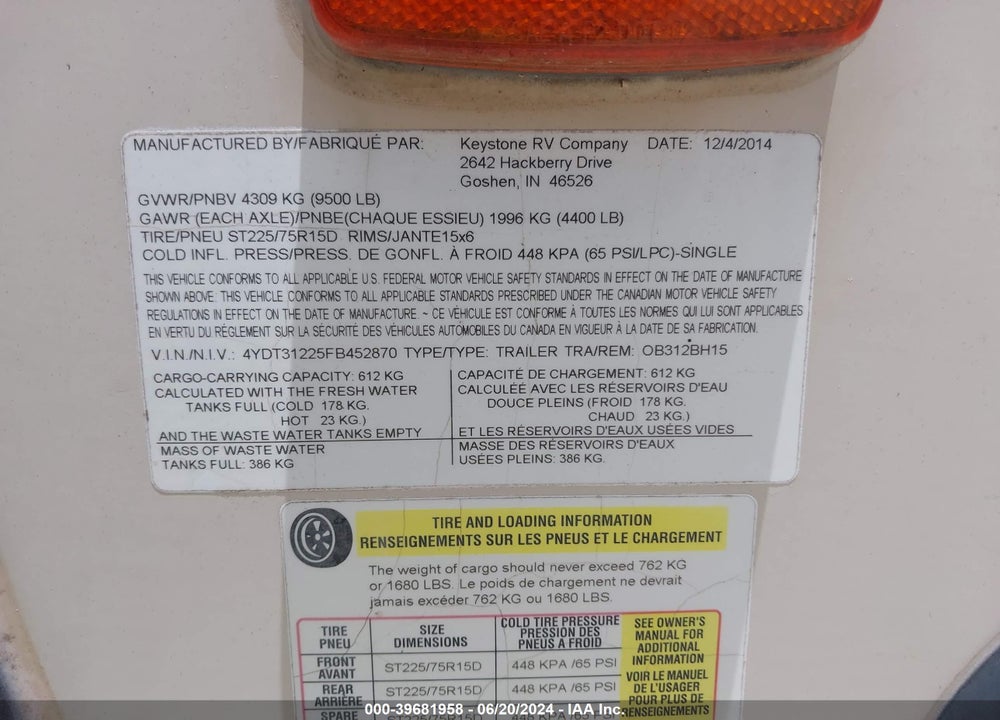 2015 KEYSTONE OUTBACK 312BH VIN: 4YDT31225FB452870