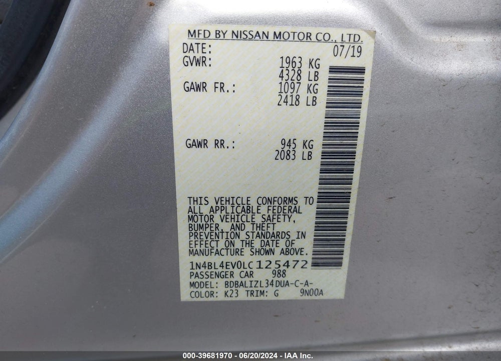 2020 NISSAN ALTIMA SL FWD VIN: 1N4BL4EV0LC125472