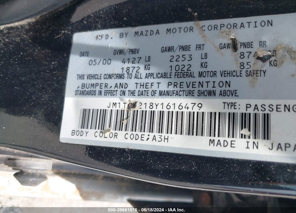 2000 MAZDA MILLENIA VIN: JM1TA2218Y1616479