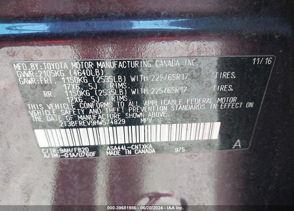 2017 TOYOTA RAV4 LE VIN: 2T3BFREV9HW574829