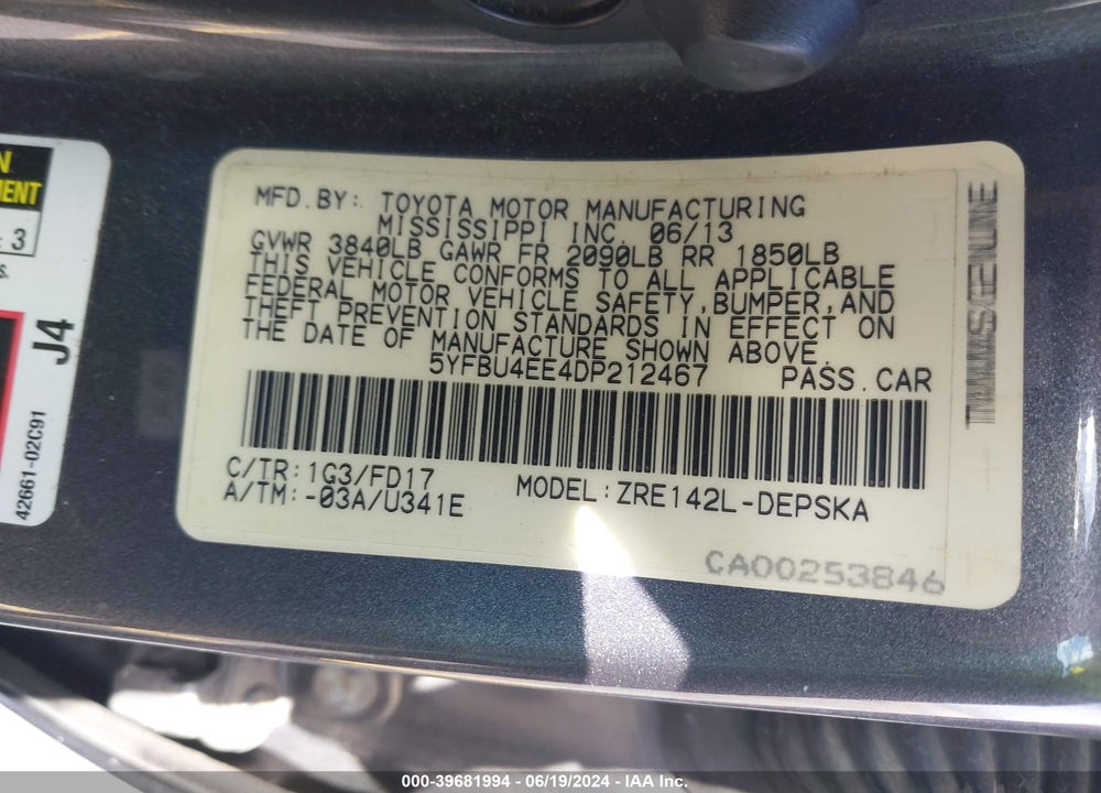 2013 TOYOTA COROLLA S VIN: 5YFBU4EE4DP212467
