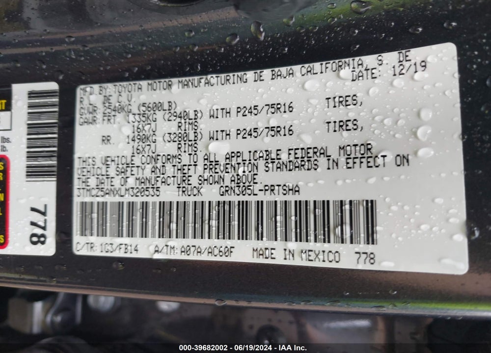 2020 TOYOTA TACOMA SR V6 VIN: 3TMCZ5ANXLM320535