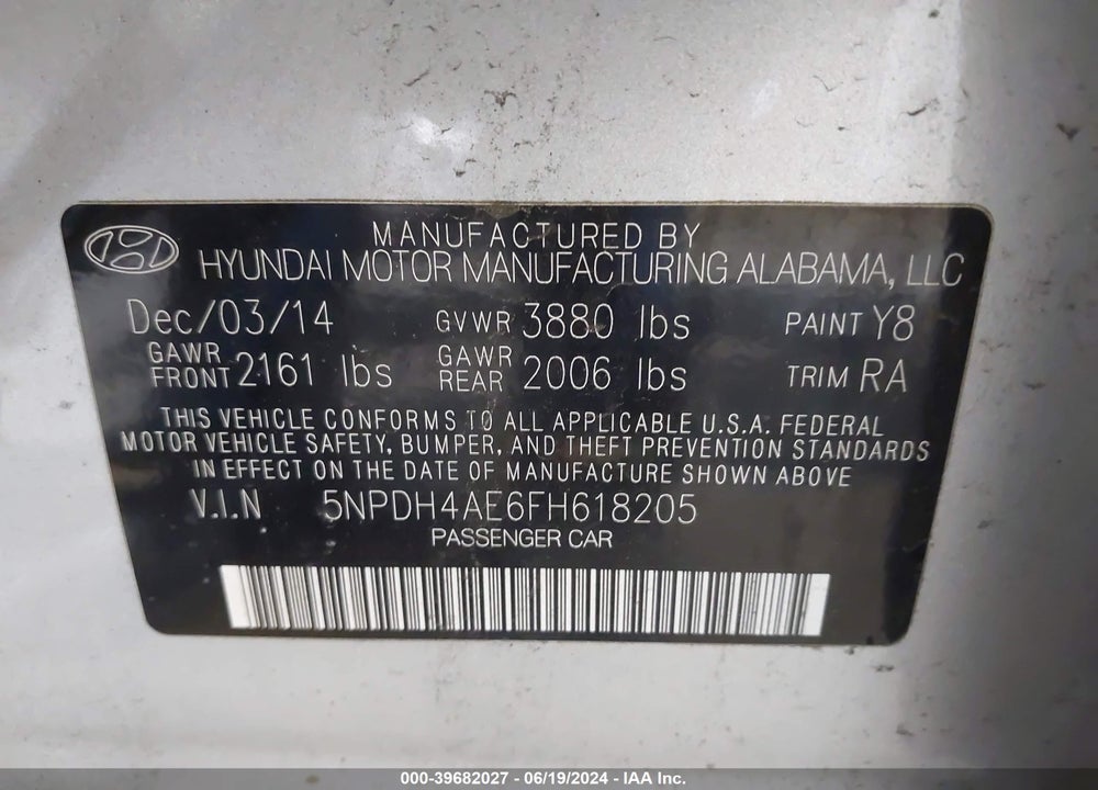 2015 HYUNDAI ELANTRA LIMITED VIN: 5NPDH4AE6FH618205