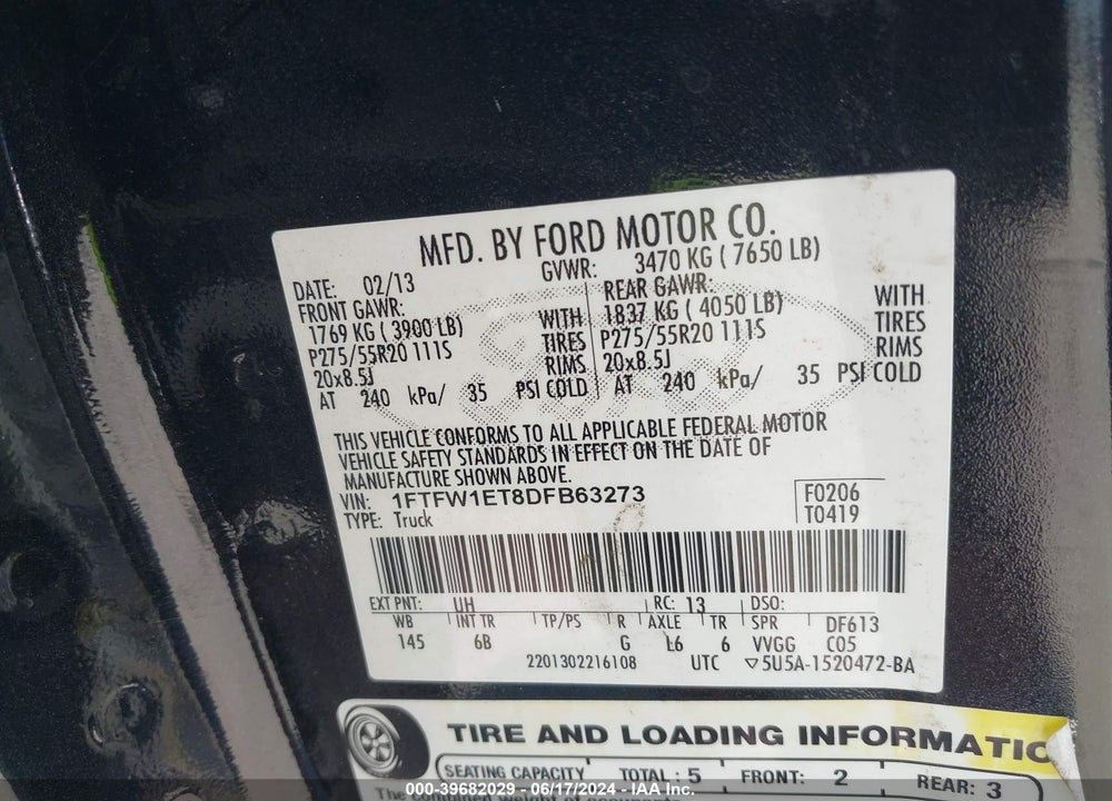 2013 FORD F-150 VIN: 1FTFW1ET8DFB63273