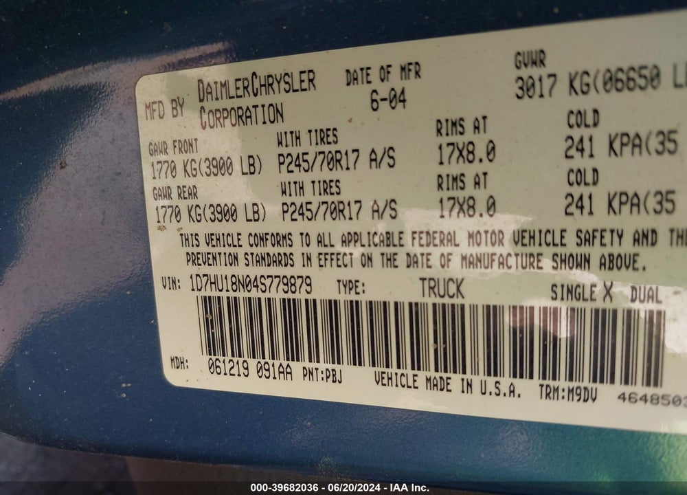2004 DODGE RAM 1500 SLT/LARAMIE VIN: 1D7HU18N04S779879