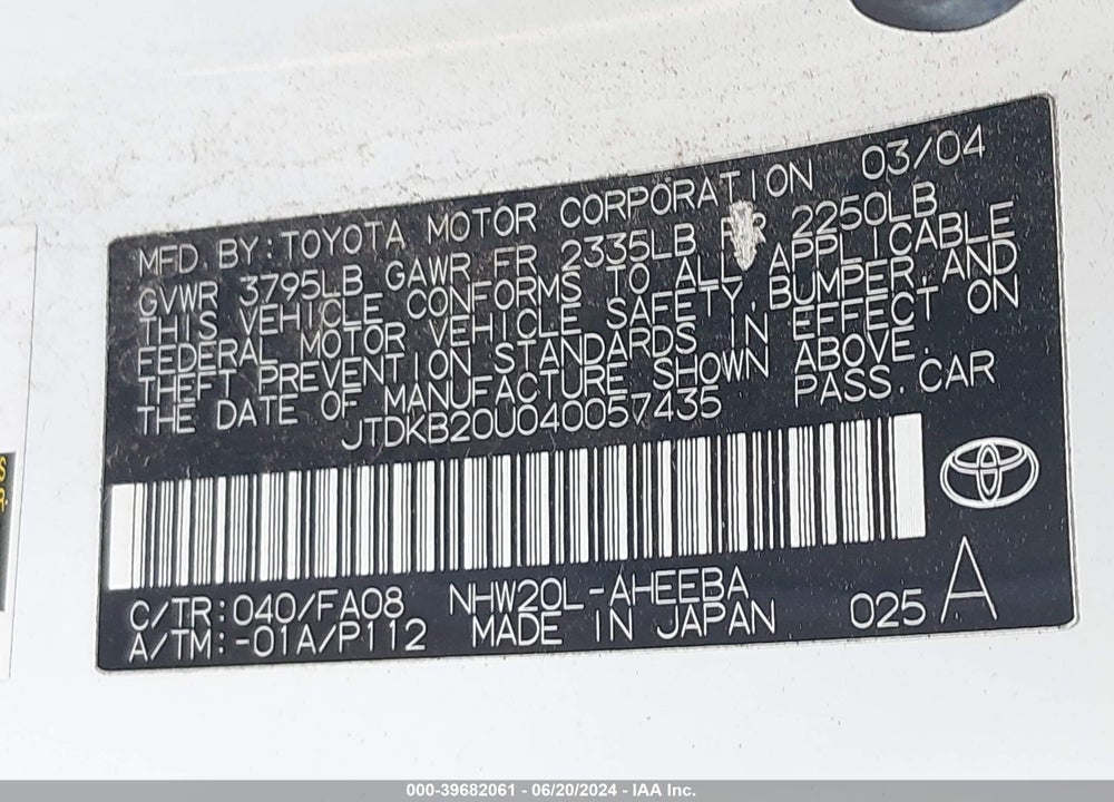 2004 TOYOTA PRIUS VIN: JTDKB20U040057435