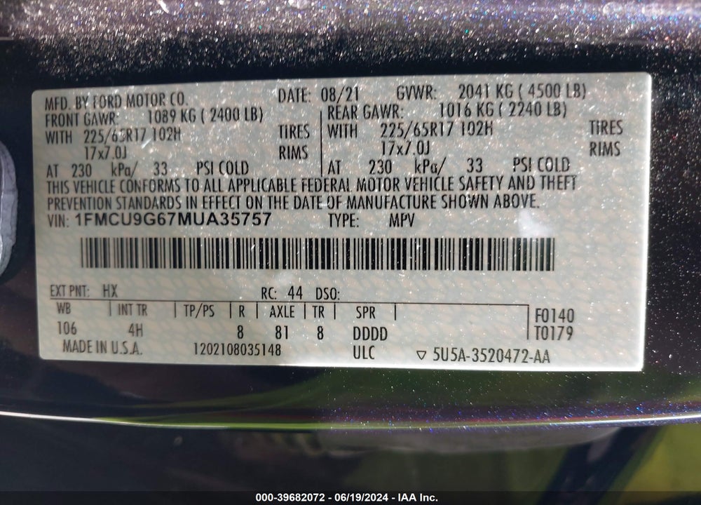 2021 FORD ESCAPE SE VIN: 1FMCU9G67MUA35757