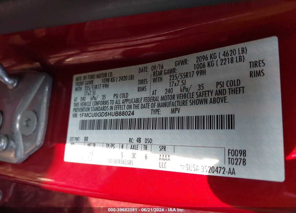 2017 FORD ESCAPE SE VIN: 1FMCU0GD5HUB88024