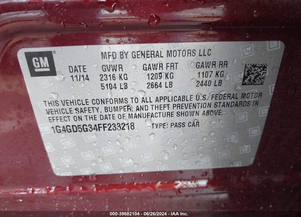 2015 BUICK LACROSSE PREMIUM I VIN: 1G4GD5G34FF233218
