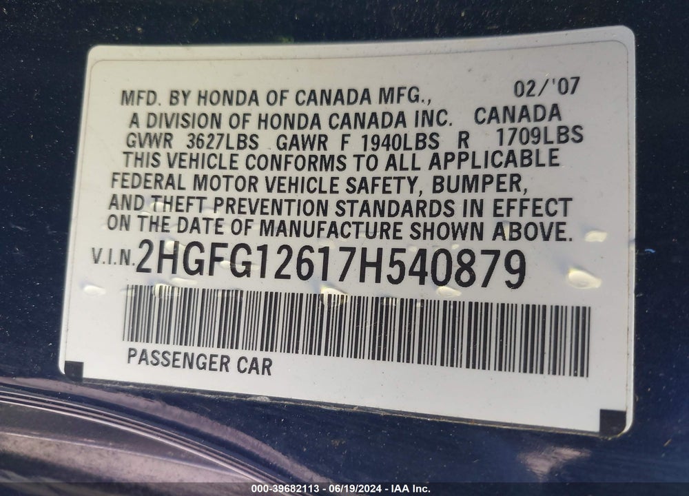 2007 HONDA CIVIC LX VIN: 2HGFG12617H540879