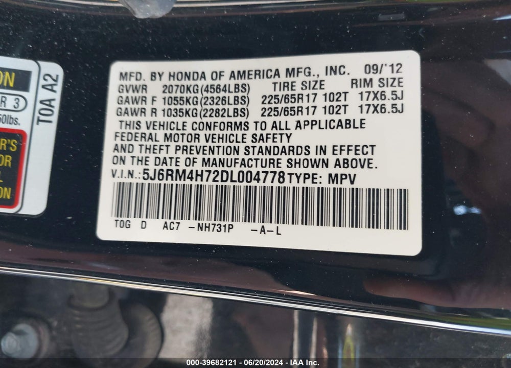 2013 HONDA CR-V EX-L VIN: 5J6RM4H72DL004778