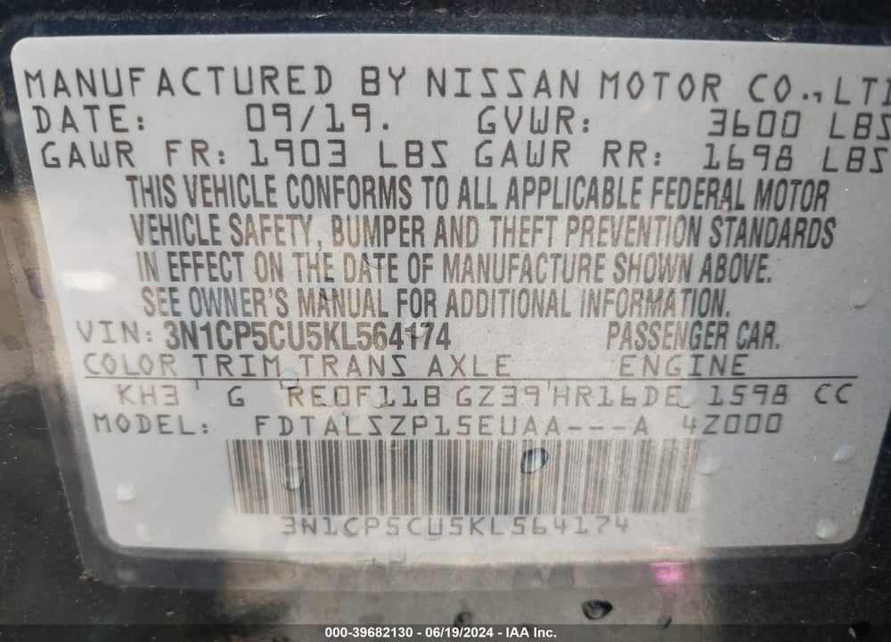 2019 NISSAN KICKS SV VIN: 3N1CP5CU5KL564174