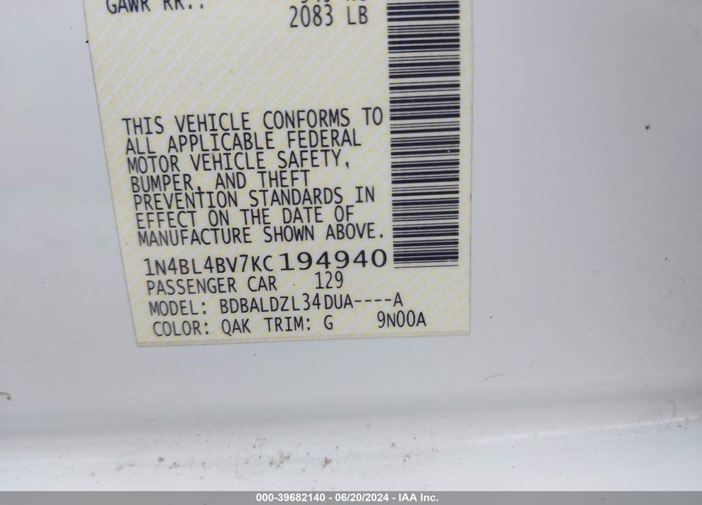 2019 NISSAN ALTIMA VIN: 1N4BL4BV7KC194940
