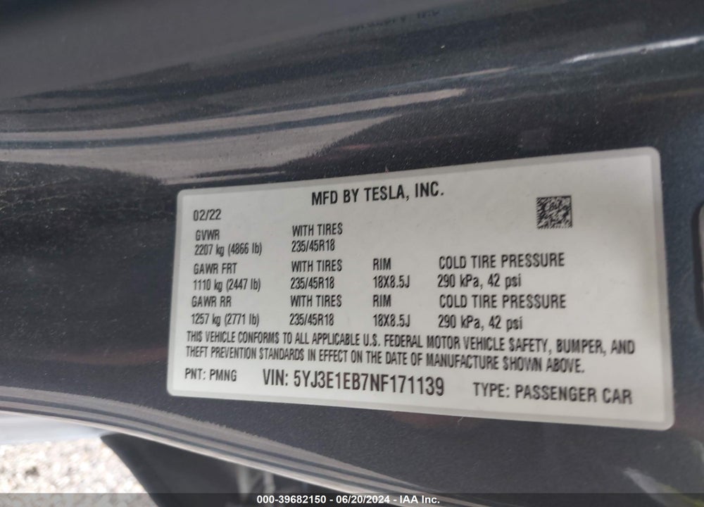 2022 TESLA MODEL 3 LONG RANGE DUAL MOTOR ALL-WHEEL DRIVE VIN: 5YJ3E1EB7NF171139