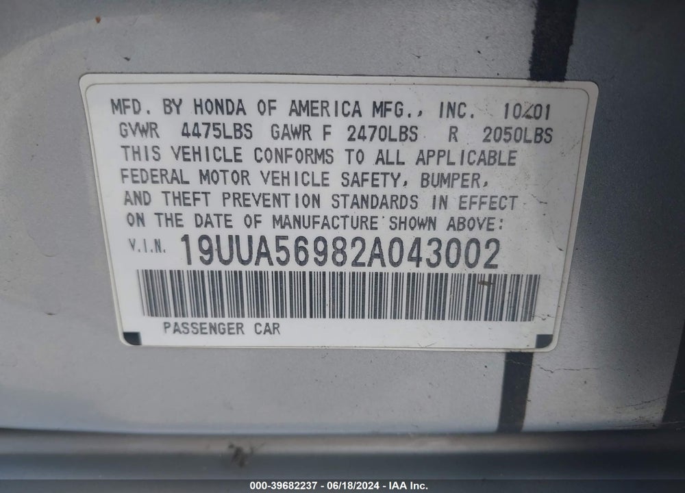 2002 ACURA TL 3.2 TYPE S VIN: 19UUA56982A043002