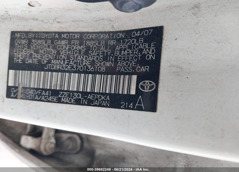 2007 TOYOTA COROLLA CE VIN: JTDBR32E370136108