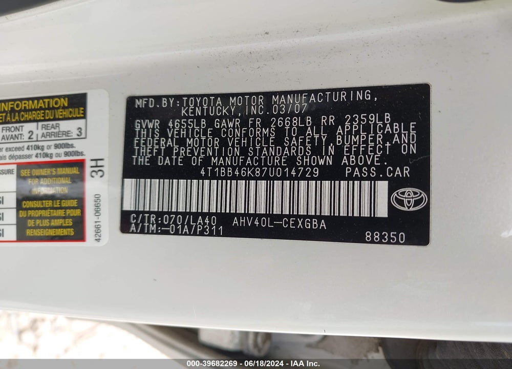 2007 TOYOTA CAMRY HYBRID VIN: 4T1BB46K87U014729