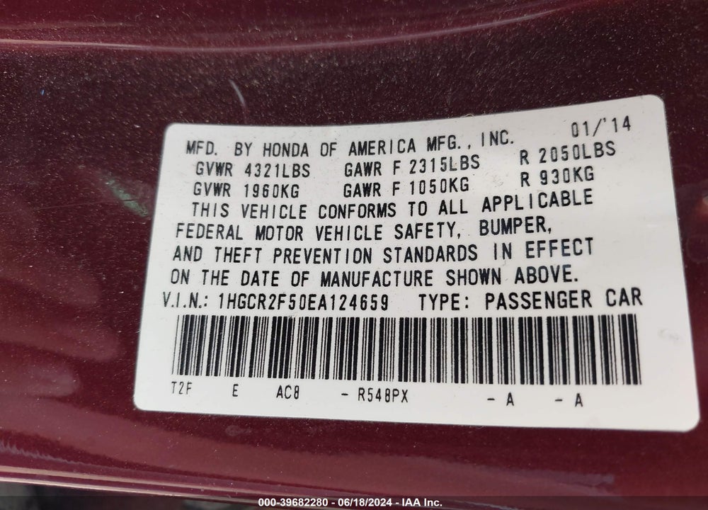 2014 HONDA ACCORD SPORT VIN: 1HGCR2F50EA124659