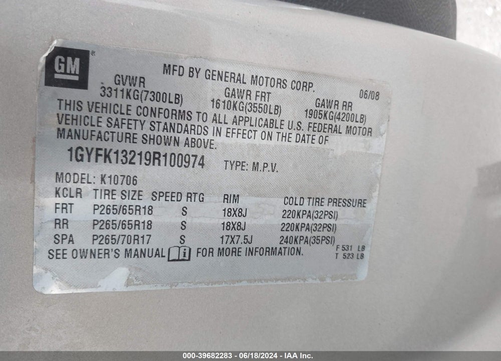 2009 CADILLAC ESCALADE STANDARD VIN: 1GYFK13219R100974