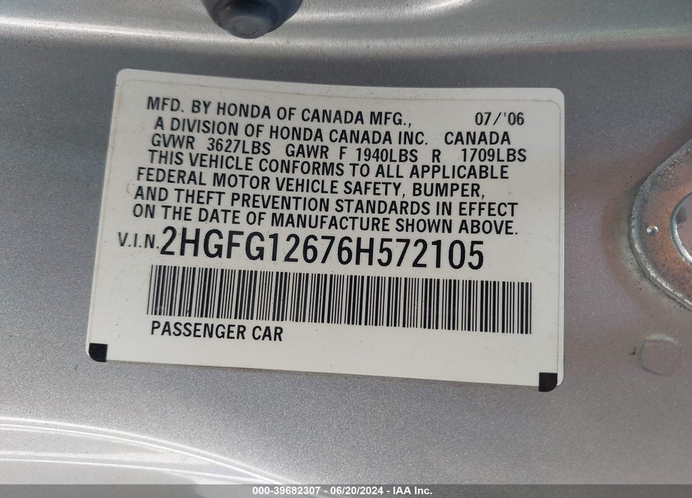 2006 HONDA CIVIC LX VIN: 2HGFG12676H572105