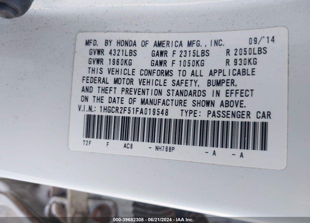 2015 HONDA ACCORD SPORT VIN: 1HGCR2F51FA019548