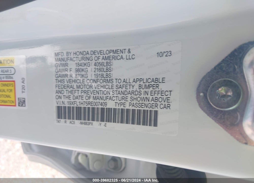 2024 HONDA CIVIC EX-L VIN: 19XFL1H75RE007409