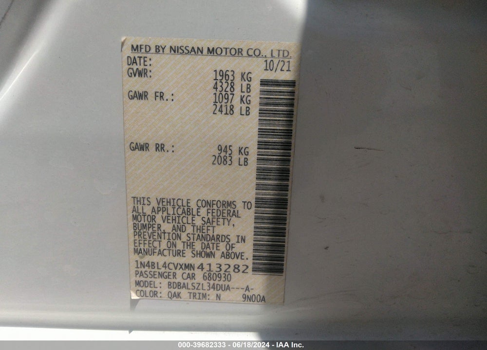 2021 NISSAN ALTIMA SR FWD VIN: 1N4BL4CVXMN413282