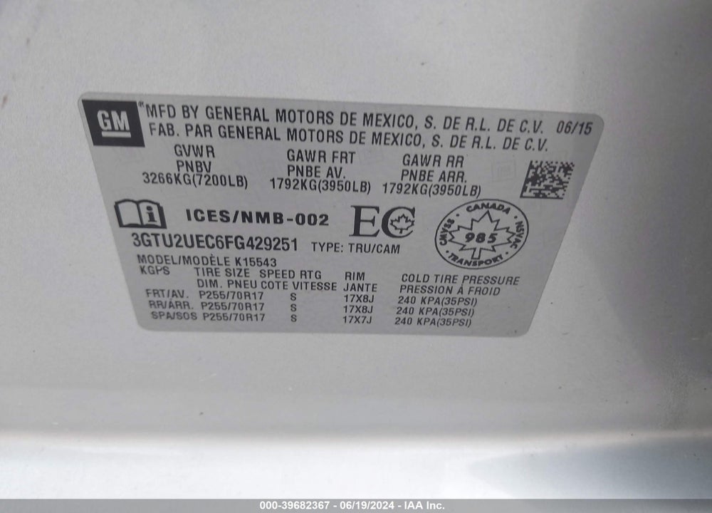 2015 GMC SIERRA 1500 SLE VIN: 3GTU2UEC6FG429251