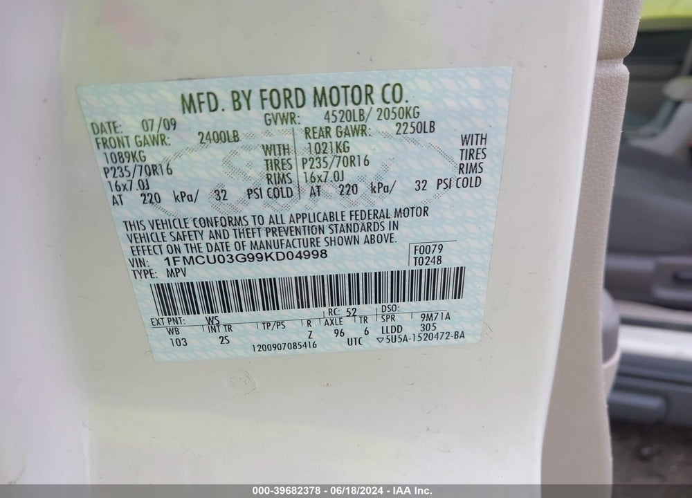 2009 FORD ESCAPE XLT VIN: 1FMCU03G99KD04998