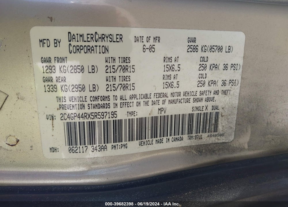 2005 CHRYSLER TOWN & COUNTRY LX VIN: 2C4GP44RX5R597195